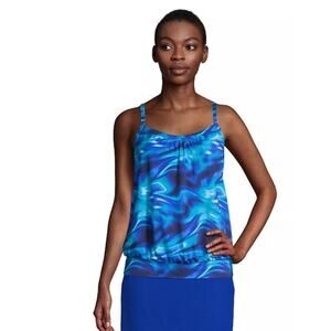 Lands End Bust Minimizer Blouson Tankini Size 16D Blue Swirl